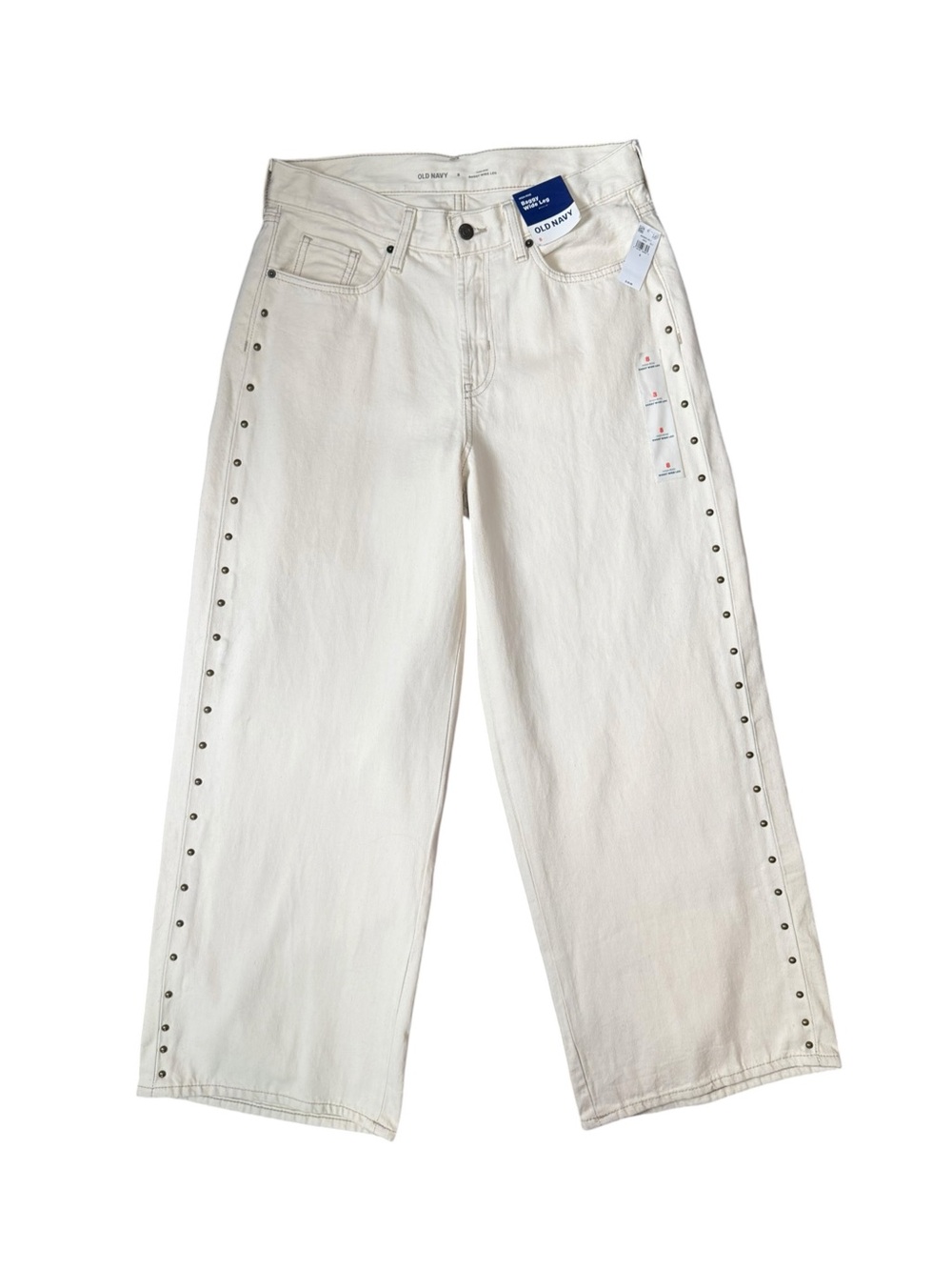 NWT Old Navy High Rise Baggy Wide Leg Studded Jeans Cream Size 8 - Picture 2 of 10